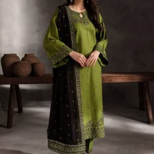 Unstitched 3 Piece Fully Embroidered Dhanak Fabric With Embroidered Dhanak Shawl